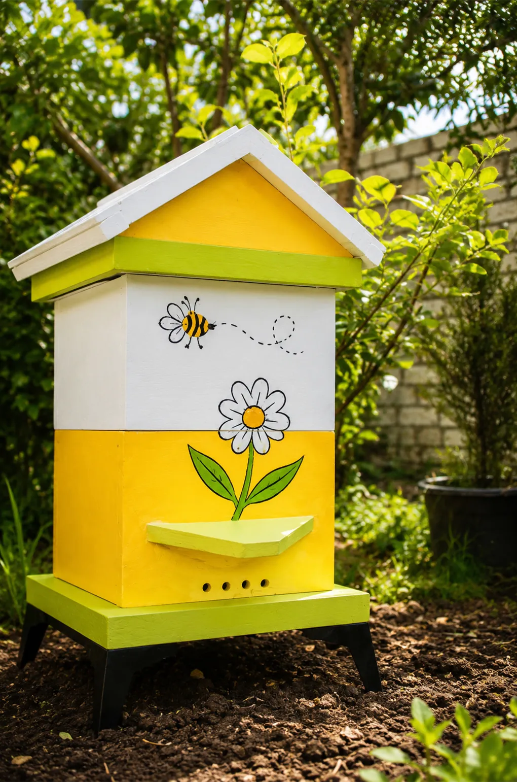 خلية BEEHOUSE الكلاسيكية بالأصفر والأبيض في الحديقة
